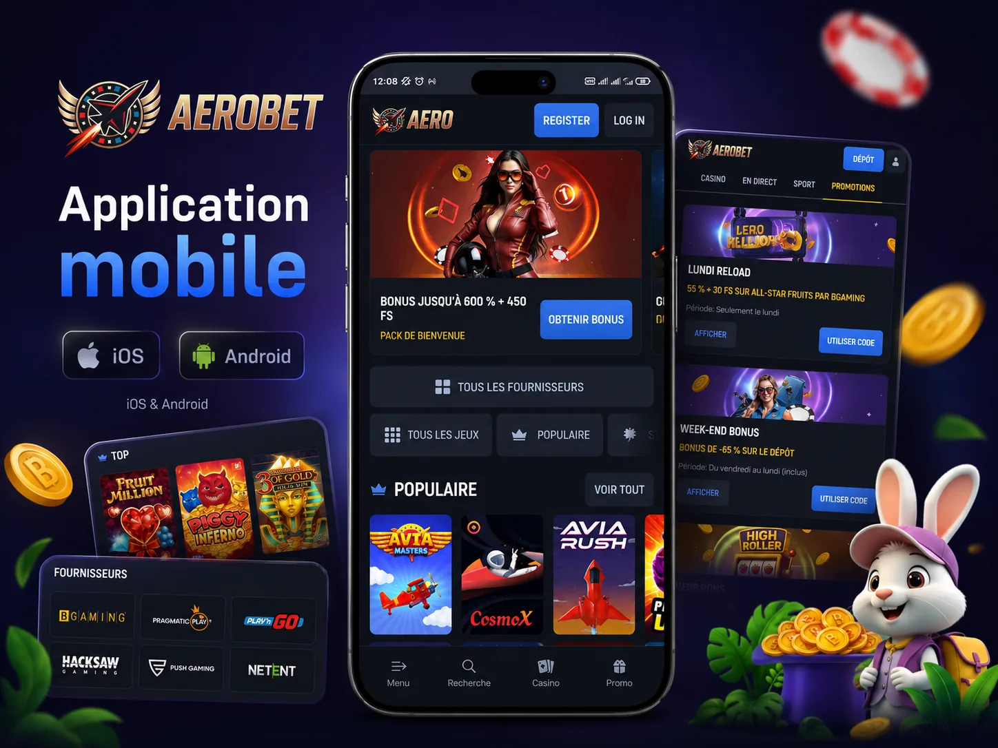 Interface mobile Aerobet Casino avec caisse et jeux