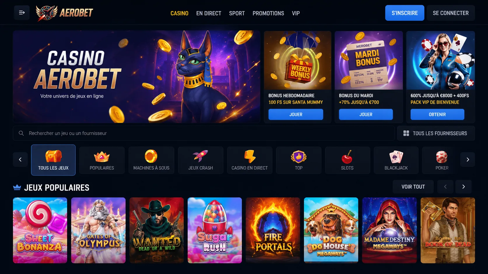 Aerobet Casino France lobby de jeux et tableau casino