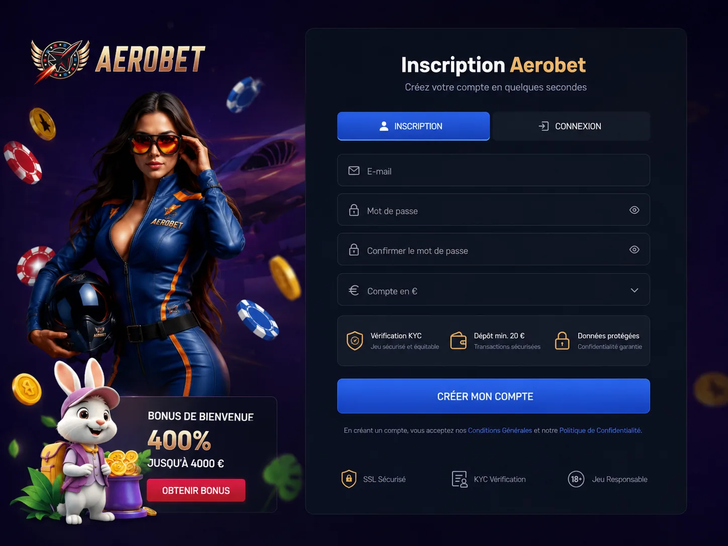 Inscription Aerobet Casino avec compte et bonus