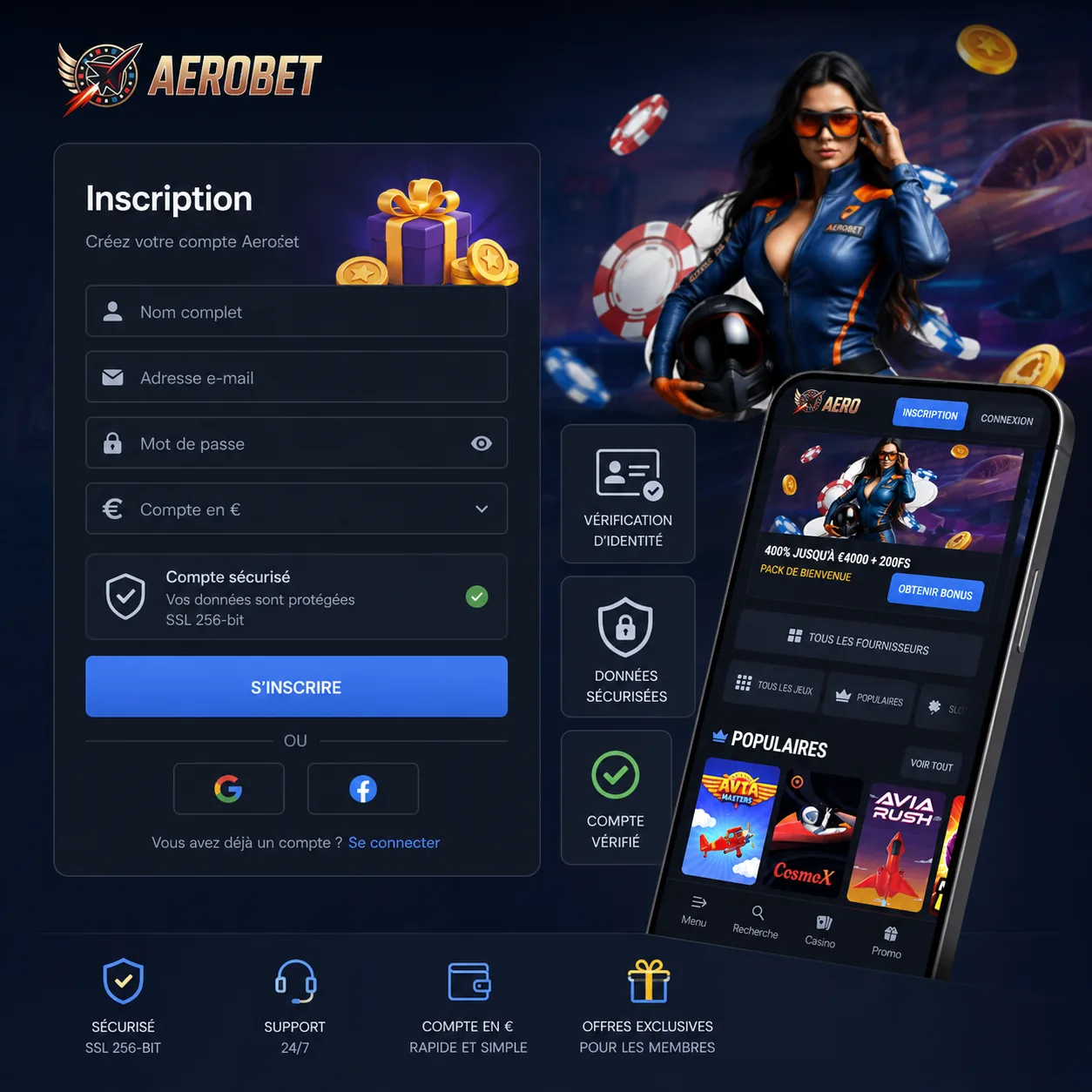 Compte mobile Aerobet Casino et vérification