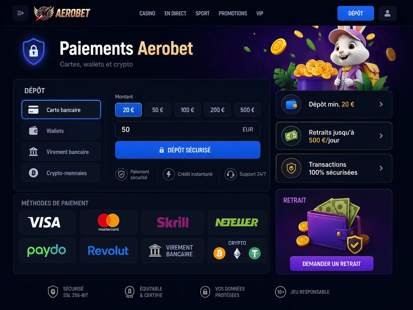 Méthodes de paiement Aerobet Casino France