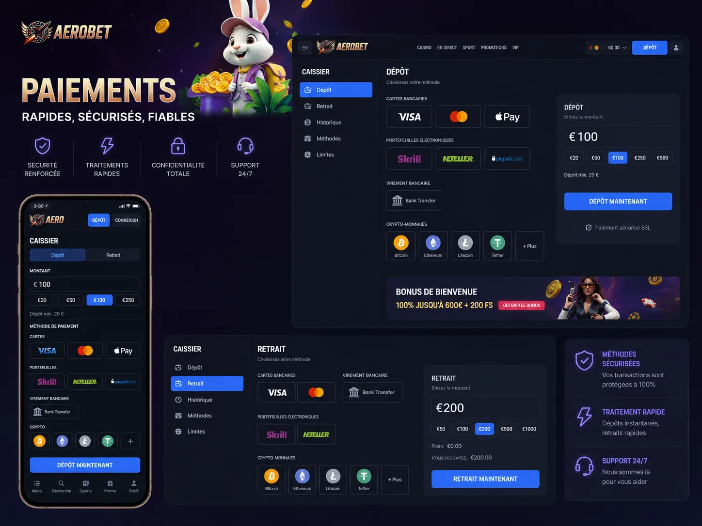 Interface retraits Aerobet Casino France
