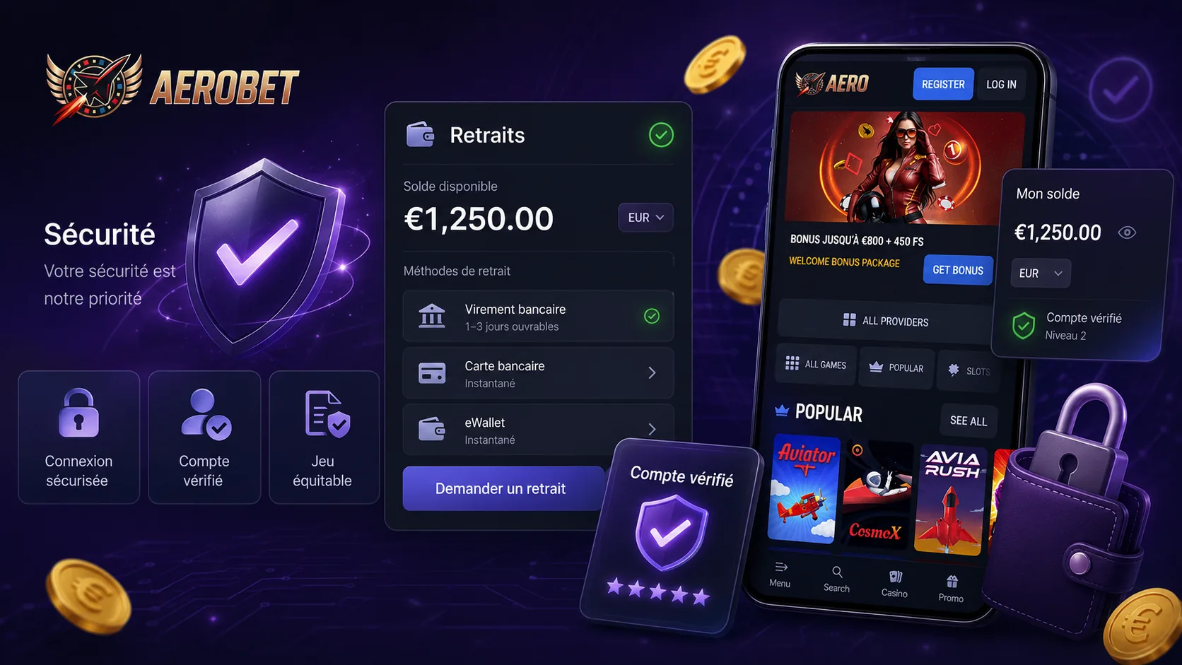 Sécurité mobile et retraits Aerobet Casino